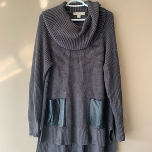 Michael Kors Long Grey Cotton Cowl-Neck Sweater Faux Leather Pockets - Medium